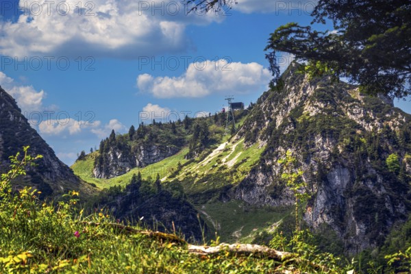 Mountain landscape in the Alps with fir trees and the Hochfelln cable car under a blue sky with