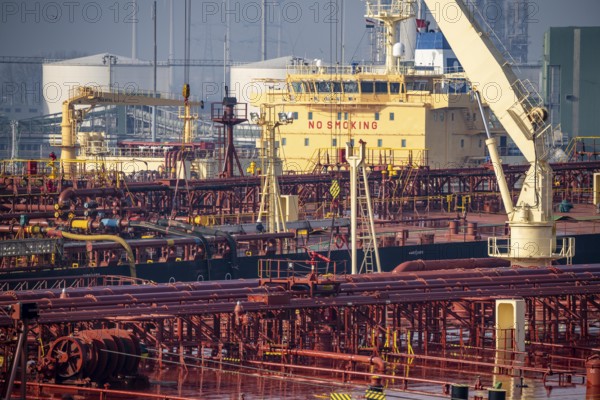 The crude oil tanker HOJO, in the seaport of Rotterdam, in the petroleum harbour, Europoort, deck