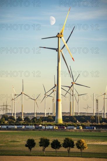 Wind farm near Bad Wünnenberg, Ostwestfalen Lippe, along the A44 motorway, North Rhine-Westphalia,