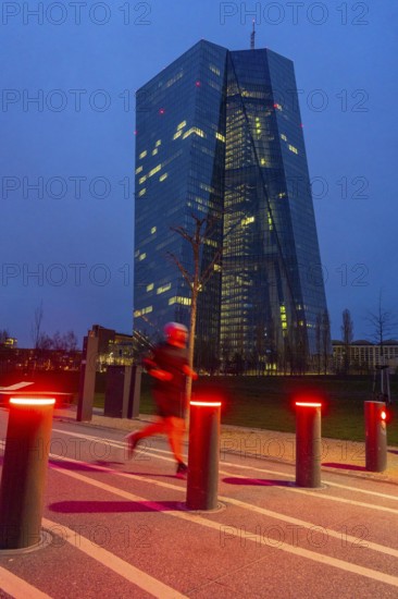Building of the European Central Bank, ECB, on the Main in Frankfurt, barrier bollards on the banks