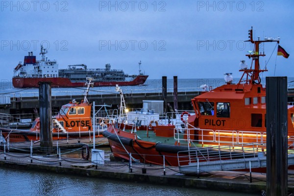 Pilot boats, Pilot Boats, at the pier at the Alte Liebe in the harbour of Cuxhaven, cargo ship