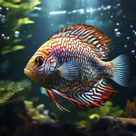 Majestic discus fish gliding serenely dappled sunlight filtering through tranquil surface, AI