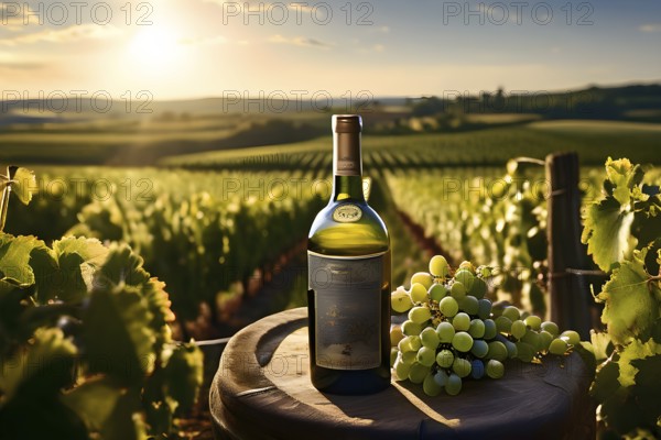 Aged bottle of wine glowing under the low sun with a vineyard in the background, AI generated