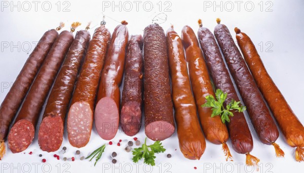 Food, meat products, various smoked sausages on a white surface AI generated, AI generated