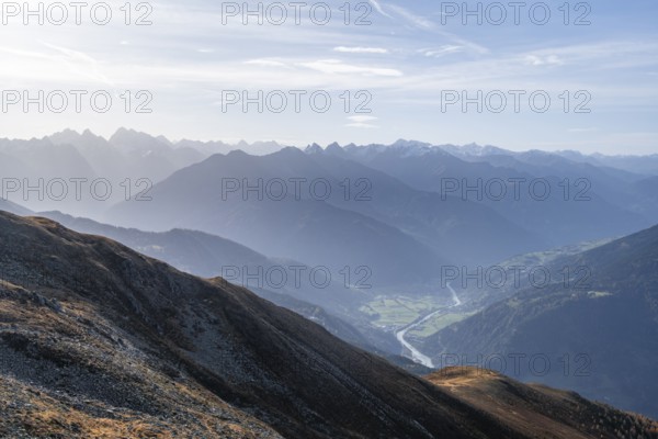 View from the Venet to the Oberinntal in the morning light, Ötztal Alps, Tyrol, Austria, Europe