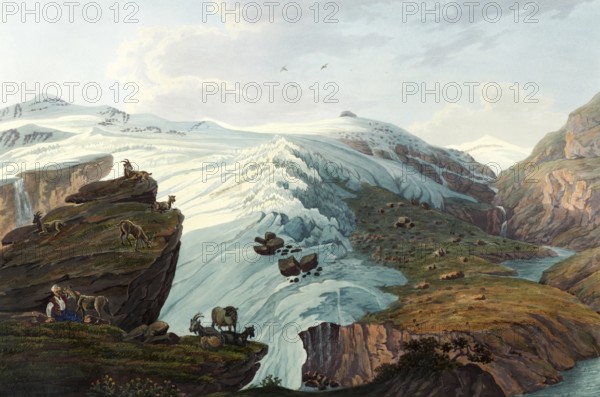 View of the Rheinwald glacier, taken at the shepherds' huts of Bergamo, Canton Graubünden in