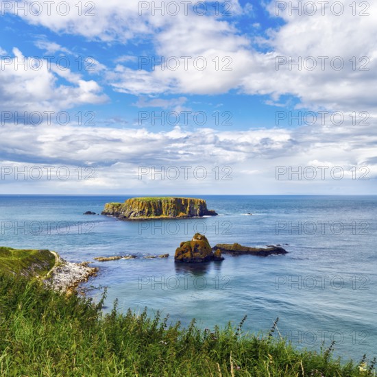 Rocky island off the coast, coastline, good weather, coastline between Ballycastle and Ballintoy,