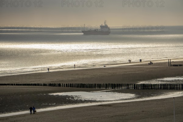 Evening mood at the North Sea beach near Zoutelande, Zeeland, angler, walker, breakwater, cargo