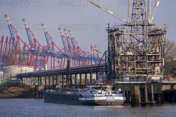 Port of Hamburg, Elbe, shipping traffic, Ölfleethafen, tankers, cranes of the Eurogate Container