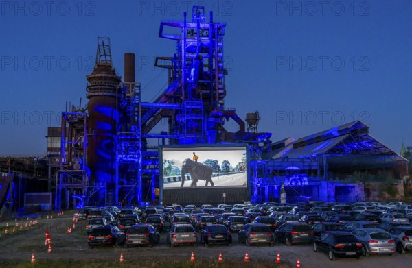 Drive-in cinema Dortmund, against the backdrop of the former blast furnace plant Phönix-West in