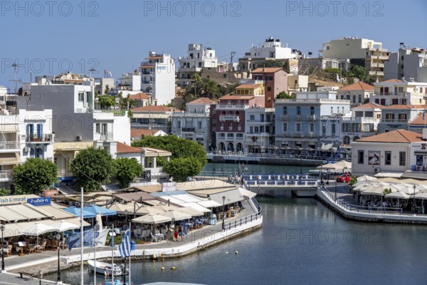 The village of Agios Nikolaos, in the eastern part of Crete, view over Lake Voulismeni, connected