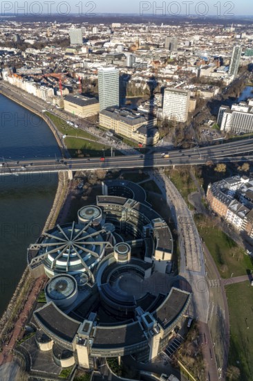 View over the city centre of Düsseldorf, state parliament, Rheinknie bridge over the Rhine, old