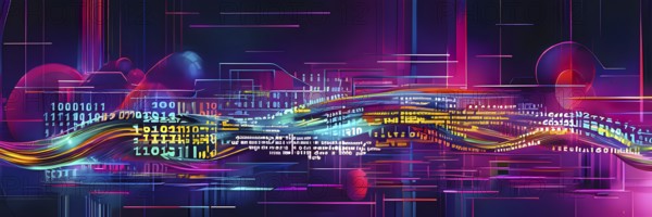 Abstract data stream flowing like liquid light, with sharp lines of code and binary numbers
