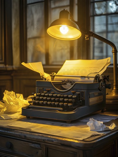 Antique typewriter sitting on a weathered wooden desk, with crumpled papers scattered around, AI