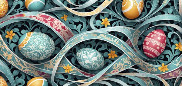 A whimsical abstract pattern with intertwined ribbons, eggs, and floral motifs, with a mix of sharp