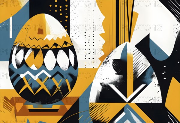 Illustration of an abstract Easter egg design with geometric patterns, bold colors, and a mix of