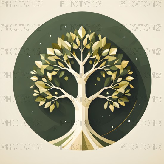 Abstract geometric tree with a circular canopy and a rectangular trunk, arranged in a clean,