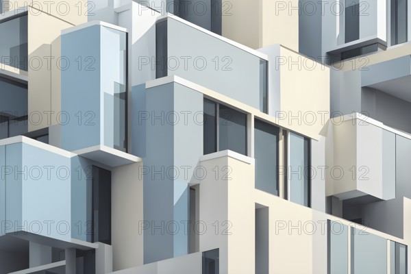 Minimalist architectural composition of modern buildings, with clean angles, rendered in geometric