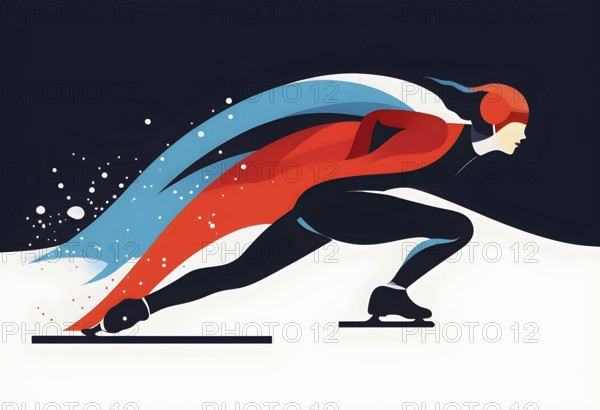 Ice speed skater illustration, depicted as a minimalist silhouette in motion in contrasting vibrant
