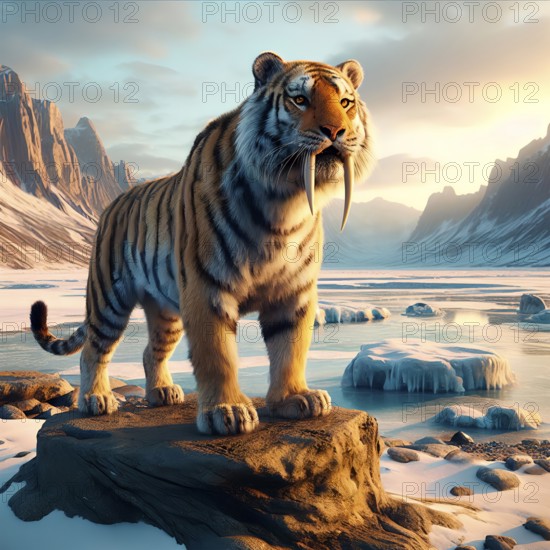 Prehistory, prehistory, ice age, an extinct sabre-toothed cat, also sabre-toothed tiger in an ice