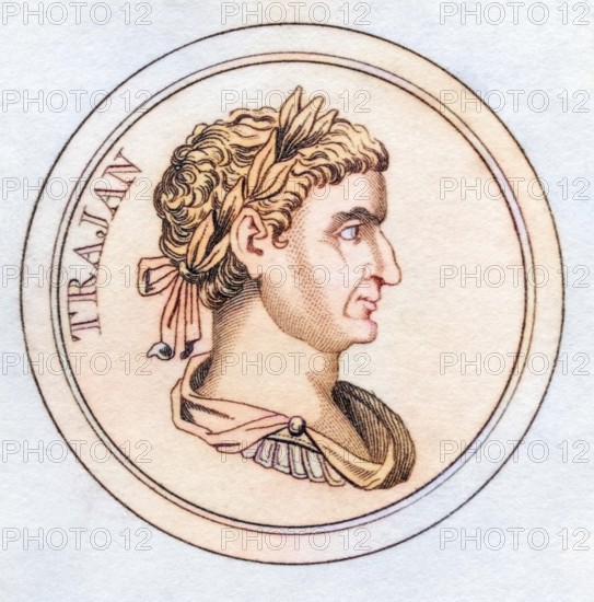 Trajan Marcus Ulpius Nerva Traianus AD53, 117 Roman Emperor from the book Crabbs Historical