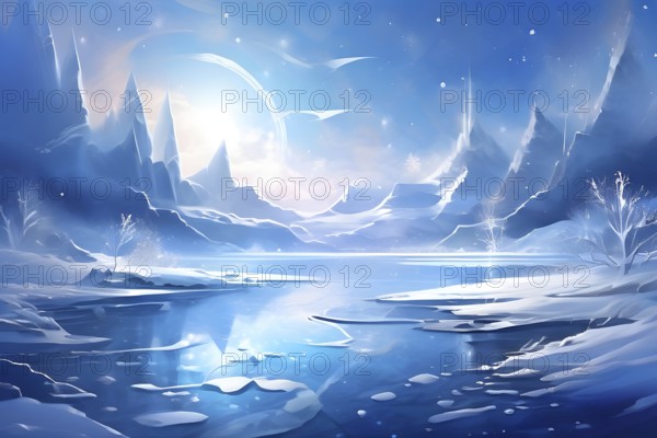 Abstract illustration of dreamy, icy landscape with swirling blues, whites, and silvers, evoking