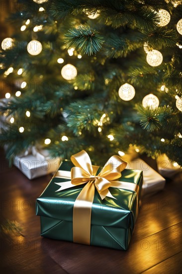 Close-up of a beautifully wrapped Christmas gift with a satin ribbon, set under a glowing Christmas