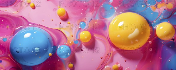 Abstract image with colorful yellow and turquoise blobs and liquid shapes on a pink background, AI