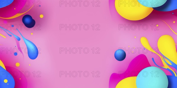 Abstract image with colorful yellow and turquoise blobs and liquid shapes on a pink background, AI