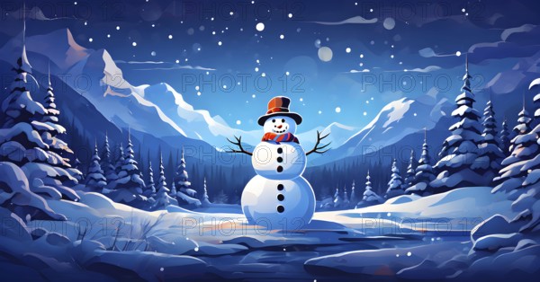 Abstract illustration of a snowman in an idyllic snowy winter landscape, hills and mountains and