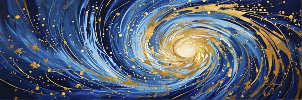 Abstract Illustration of energetic and dynamic swirl of gold, silver, and deep blue hues,