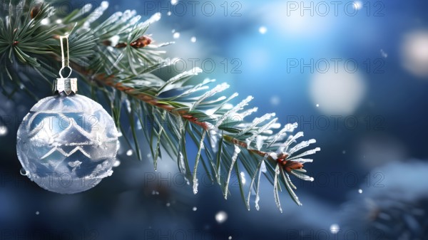 Set of Christmas ornaments hanging on a snow-covered pine tree branch, with frost clinging to the