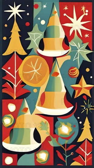 Abstract mix of traditional Christmas symbols arranged in a vibrant modern style, AI generated