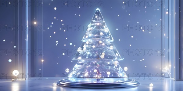 A three dimensional rendering of a futuristic Christmas tree made of glowing, semi-transparent