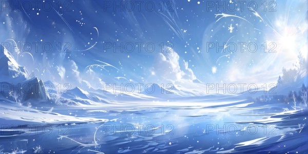 Abstract illustration of dreamy, icy landscape with swirling blues, whites, and silvers, evoking