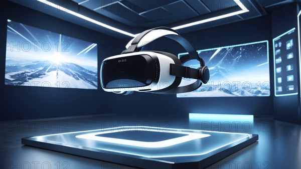 Three dimensional render of virtual reality glasses in a digital room, AI generated