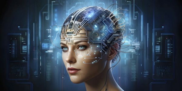 Illustration of a human brain merging with a woman's head intertwined with microchips and a