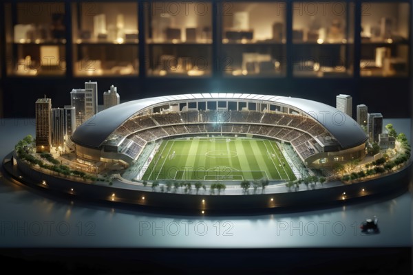 Scale model of modern soccer stadium on a polished conference table, AI generated