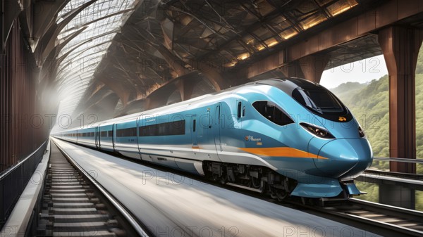 High speed train with an aerodynamic nose modeled after the beak of a kingfisher, AI generated