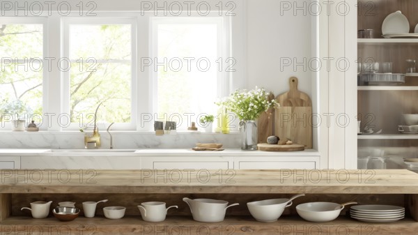 Wooden kitchen with top counter and other modern interior elements, AI generated