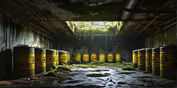 Abandoned underground bunker with radioactive old barrels, AI generated