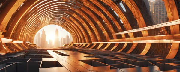 Abstract geometric pattern tunnel structure embodying data streams and communication in orange