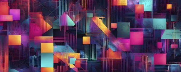 Abstract geometric patchwork illustration with vibrant intersecting geometric shapes filled with
