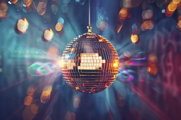 A disco ball is suspended from the ceiling at party in nightclub, reflecting the lights and