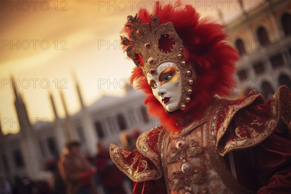 A person adorned in a traditional Venetian carnival mask and costume, with the iconic architecture