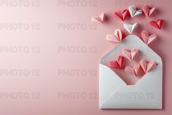 Valentine's Day love letter with envelope and hearts on pink background generated with copy space