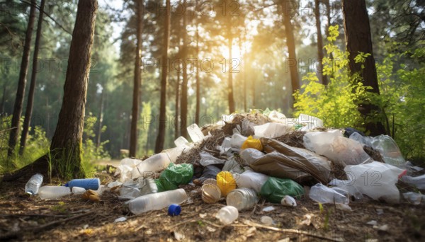 Symbolism, wild rubbish dumping in the forest, AI-generated, AI-generated, AI generated
