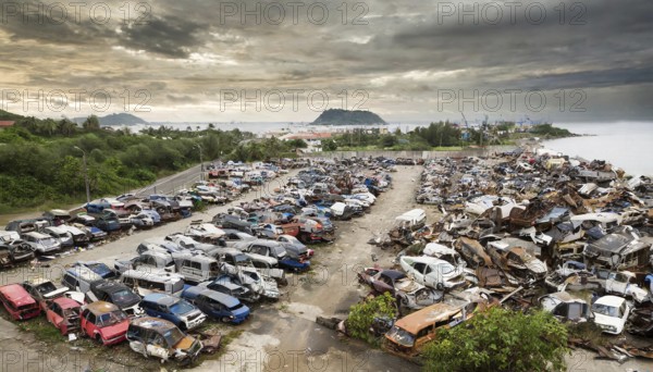 Symbolism, large junkyard with wrecked cars, scrap cars, scrap metal, AI-generated, AI-generated,
