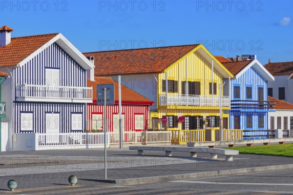 Traditional wooden striped houses, Costa Nova do Prado, Aveiro, Portugal, Europe