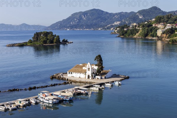 Vlacherna Monastery and Mouse Island in the Mediterranean Sea from above on the island of Corfu,